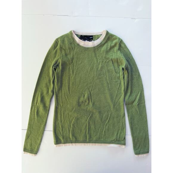 Sutton Cashmere Sweater Pullover Women XS Green White Lightweight Crew Neck - Picture 1 of 8